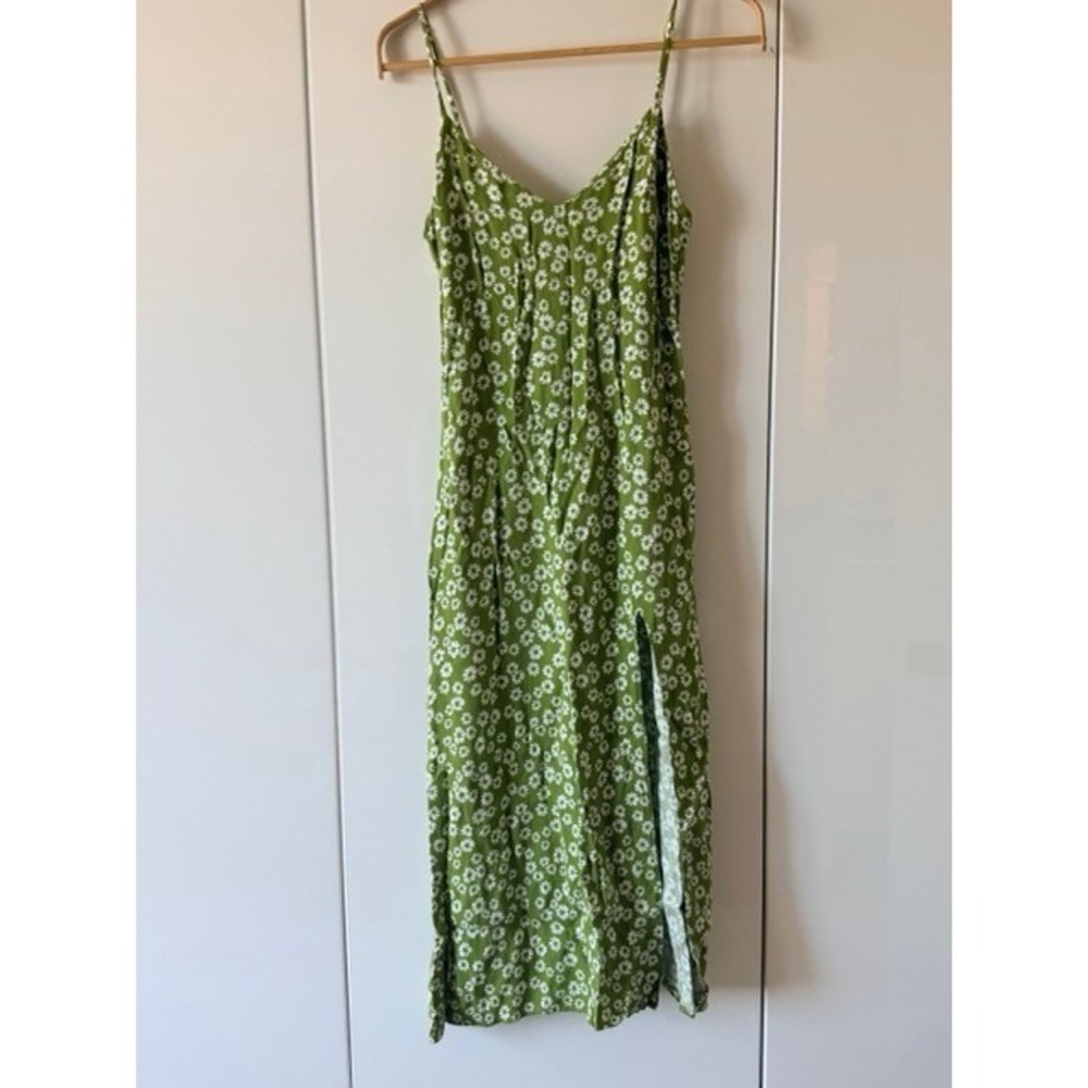 Reformation Olive Green Daisy Floral Slip Midi Dress Side Slit Size 0 - Picture 3 of 8